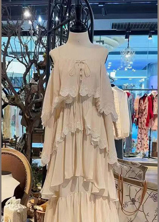 Unique Beige Tie Lace Long Spaghetti Strap Cake Dress Sleeveless