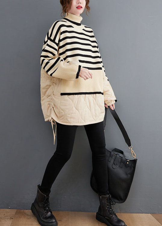 Unique Beige Turtle Neck Striped Patchwork Knit Coat Winter