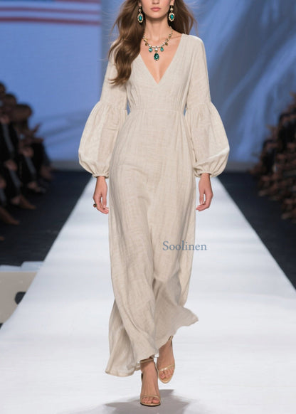 Unique Beige V Neck Patchwork Cotton Long Dresses Spring