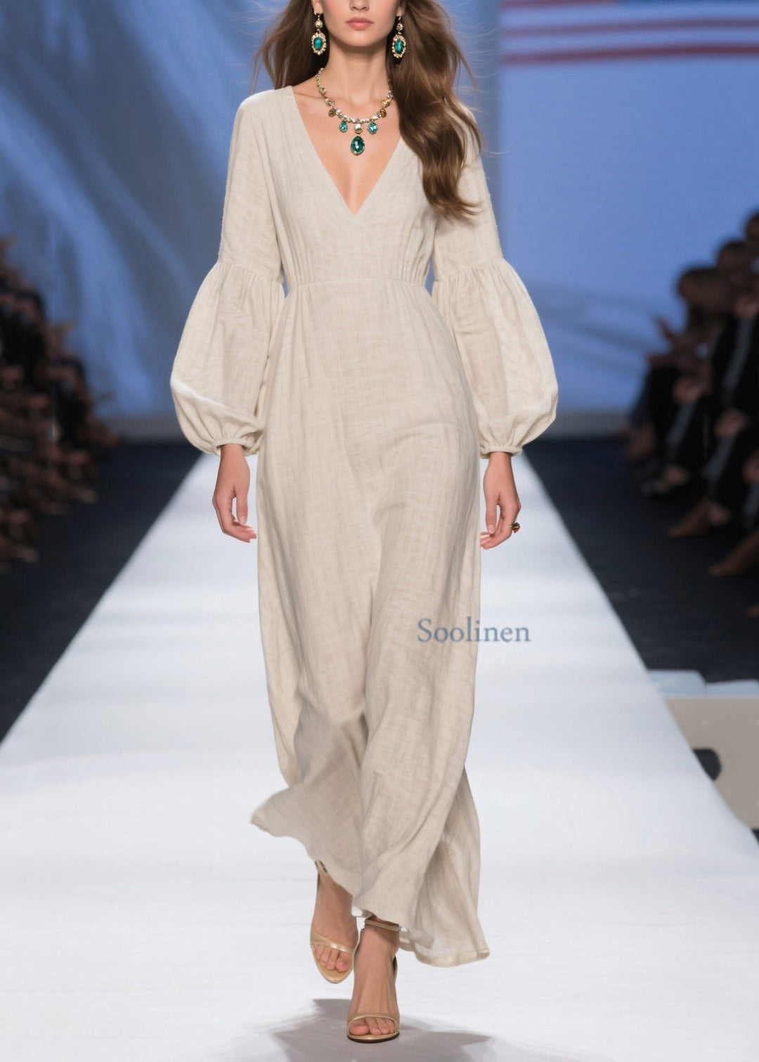 Unique Beige V Neck Patchwork Cotton Long Dresses Spring