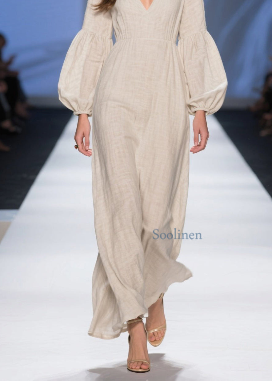 Unique Beige V Neck Patchwork Cotton Long Dresses Spring