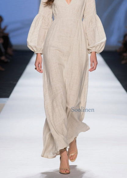 Unique Beige V Neck Patchwork Cotton Long Dresses Spring