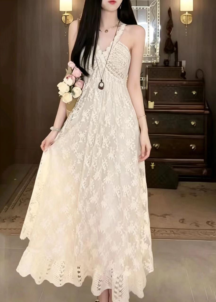 Unique Beige White V Neck Floral Lace Vacation Dresses Summer