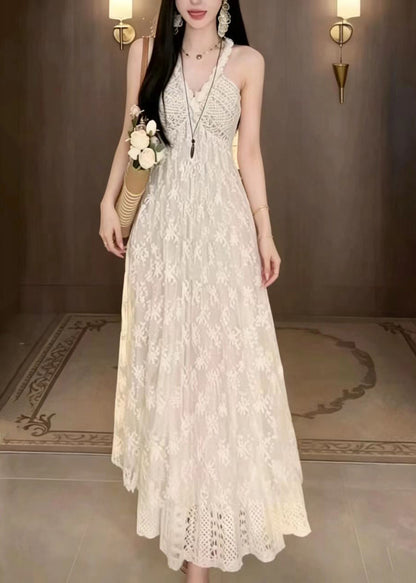 Unique Beige White V Neck Floral Lace Vacation Dresses Summer