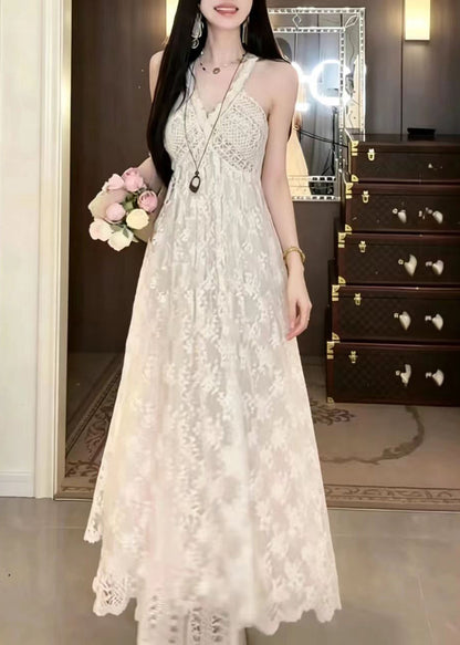 Unique Beige White V Neck Floral Lace Vacation Dresses Summer