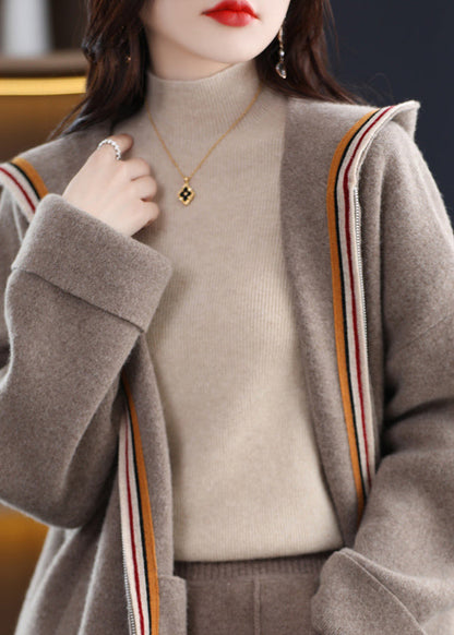 Unique Beige Zippered Patchwork Cozy Woolen Hoodie Cardigans Spring