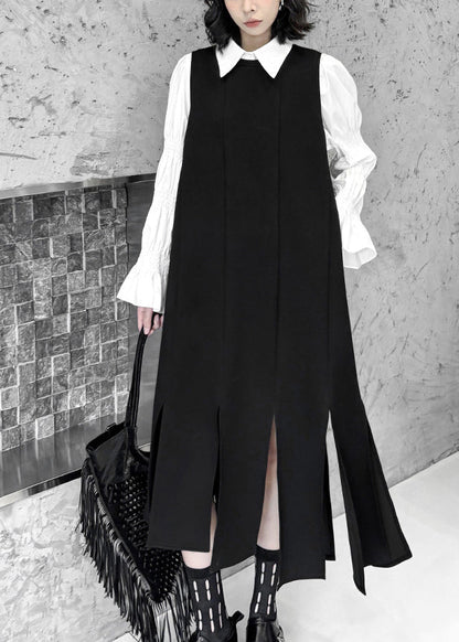 Unique Black Asymmetrical Design Side Open Long Waistcoat Dress Sleeveless