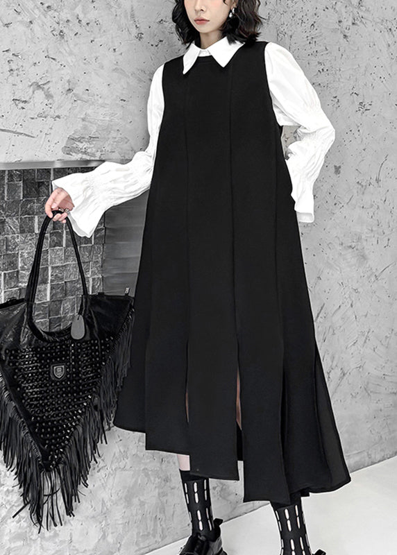Unique Black Asymmetrical Design Side Open Long Waistcoat Dress Sleeveless