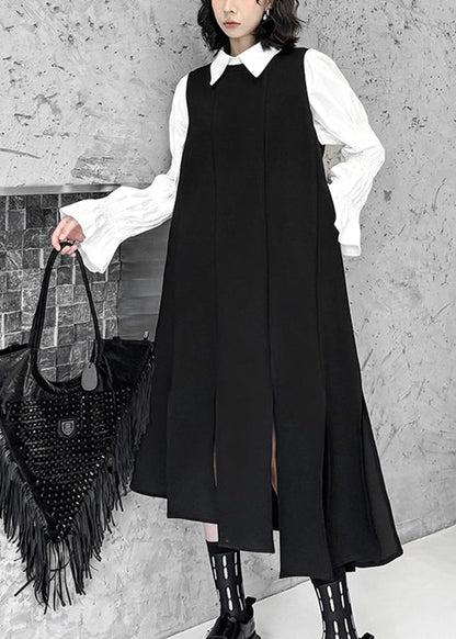 Unique Black Asymmetrical Design Side Open Long Waistcoat Dress Sleeveless