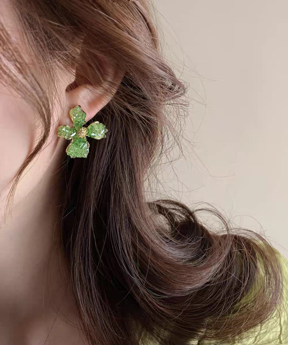 Unique Black Copper Overgild Crystal Floral Stud Earrings