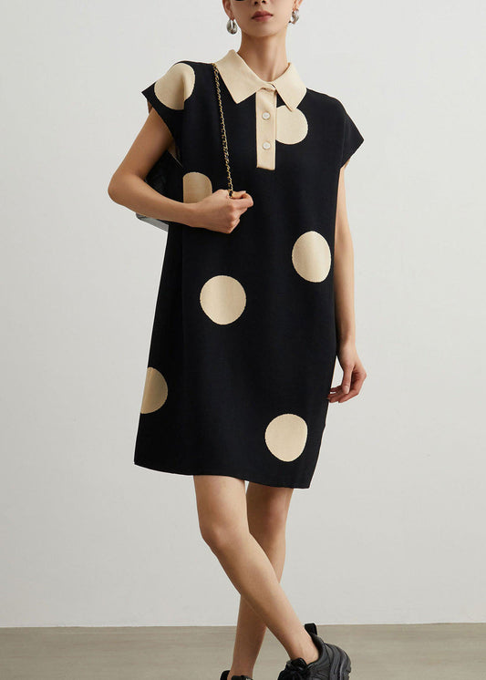 Unique Black Dot Peter Pan Collar Patchwork Knit Dresses Summer
