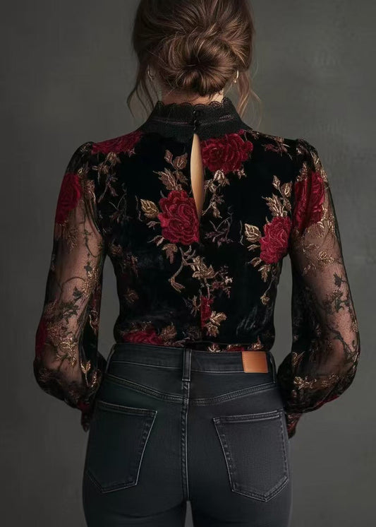Unique Black Embroidered Lace Patchwork Velour Shirts Spring