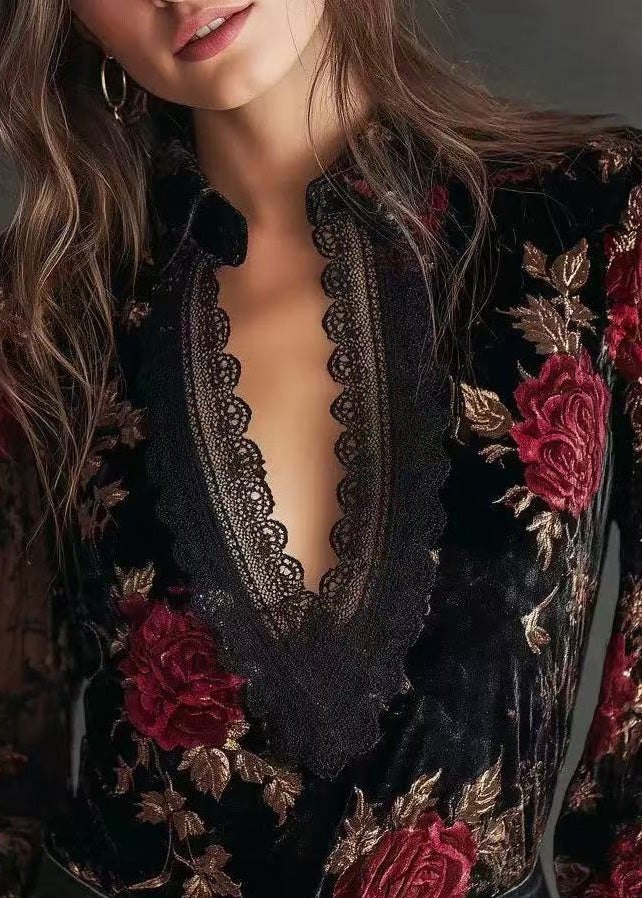 Unique Black Embroidered Lace Patchwork Velour Shirts Spring