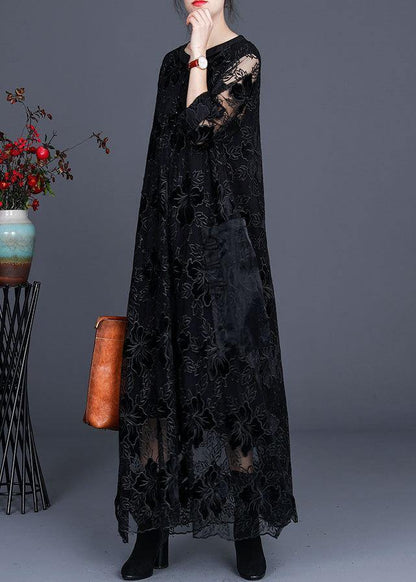 Unique Black Lace Dress Casual Plus Size Caftans Gown - SooLinen