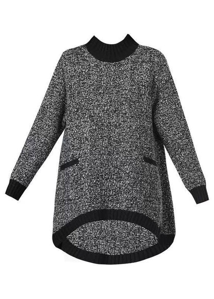 Unique Black Half Hign Neck Pockets Low High Design Knit Sweaters Spring