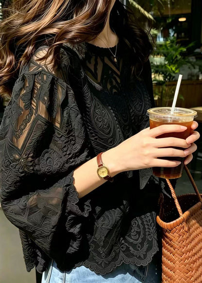 Unique Black Jacquard Hollow Out Lace Blouse Top Summer