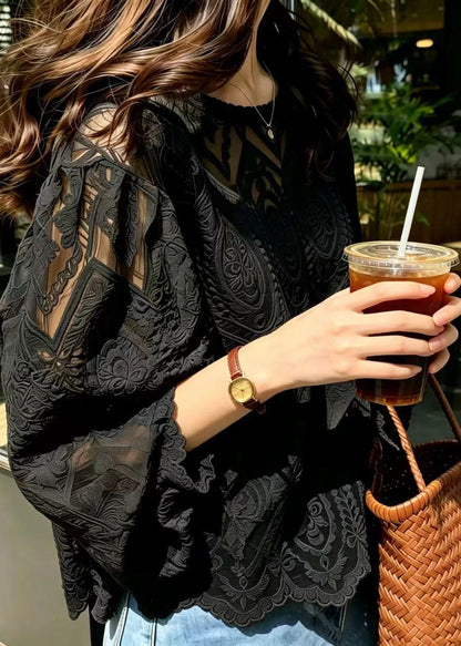 Unique Black Jacquard Hollow Out Lace Blouse Top Summer