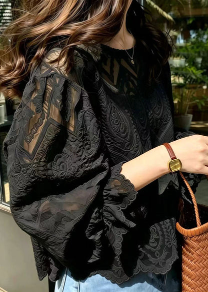Unique Black Jacquard Hollow Out Lace Blouse Top Summer