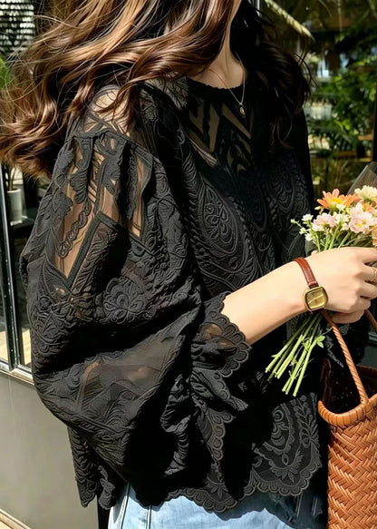 Unique Black Jacquard Hollow Out Lace Blouse Top Summer