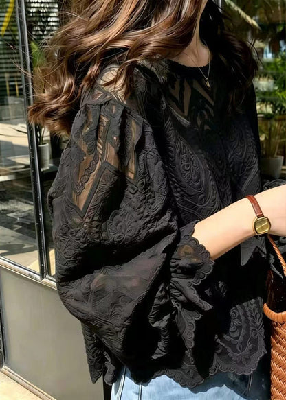 Unique Black Jacquard Hollow Out Lace Blouse Top Summer