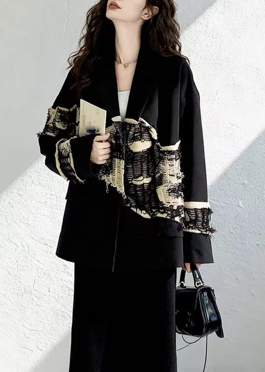 Unique Black Notched Patchwork Frayed Blazer Jackets Fall