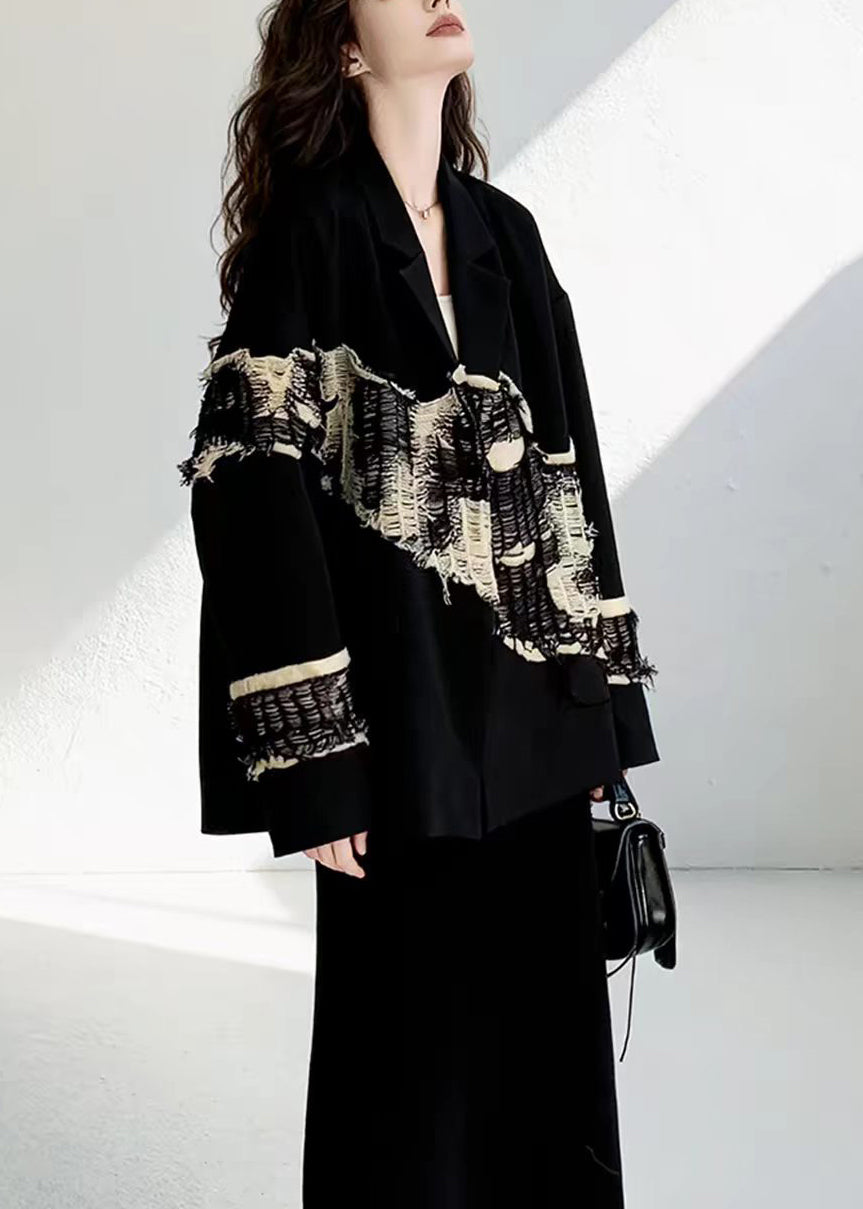 Unique Black Notched Patchwork Frayed Blazer Jackets Fall