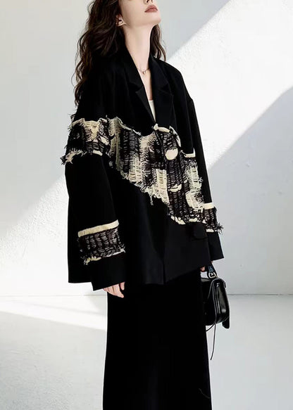 Unique Black Notched Patchwork Frayed Blazer Jackets Fall