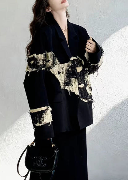 Unique Black Notched Patchwork Frayed Blazer Jackets Fall