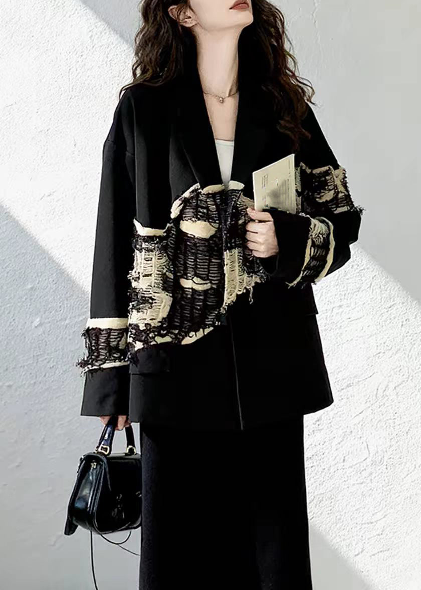 Unique Black Notched Patchwork Frayed Blazer Jackets Fall