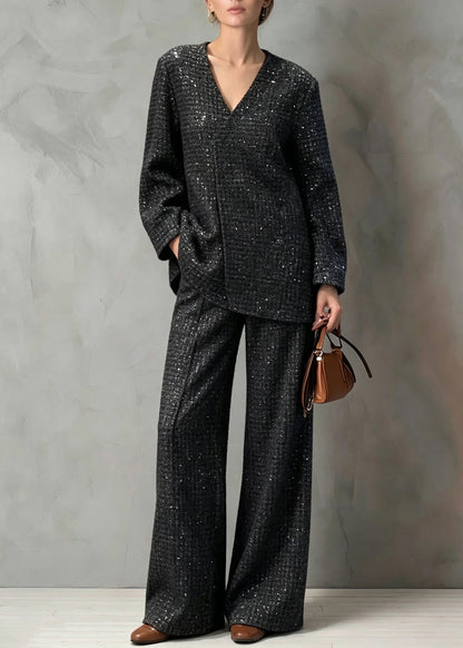 Unique Black Notched Sequins Coat And Wide Leg Pants Two Pieces Set Fall