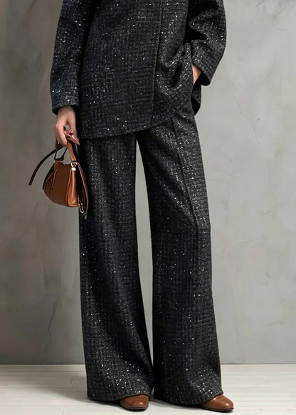 Unique Black Notched Sequins Coat And Wide Leg Pants Two Pieces Set Fall