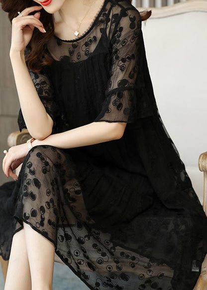 Unique Black O-Neck Embroidered Patchwork Tulle Dress Half Sleeve