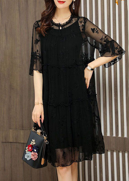 Unique Black O-Neck Embroidered Patchwork Tulle Dress Half Sleeve