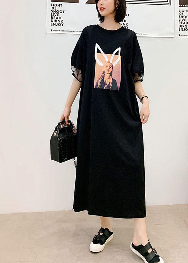 Unique Black O-Neck Puff Sleeve Summer Character Long Dress - SooLinen