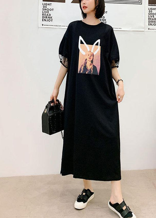 Unique Black O-Neck Puff Sleeve Summer Character Long Dress - SooLinen