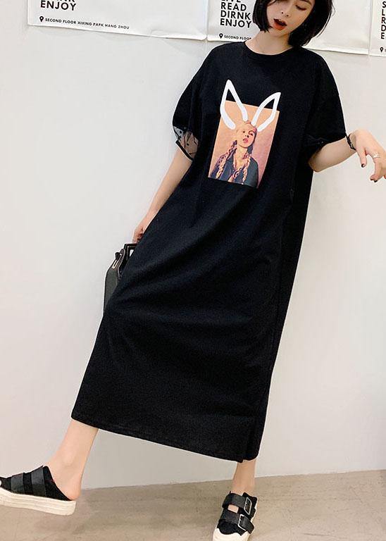 Unique Black O-Neck Puff Sleeve Summer Character Long Dress - SooLinen