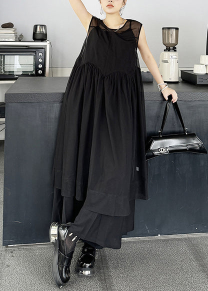 Unique Black O Neck Wrinkled Patchwork Cotton Dress Sleeveless
