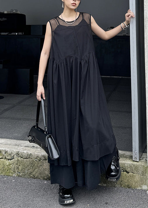 Unique Black O Neck Wrinkled Patchwork Cotton Dress Sleeveless