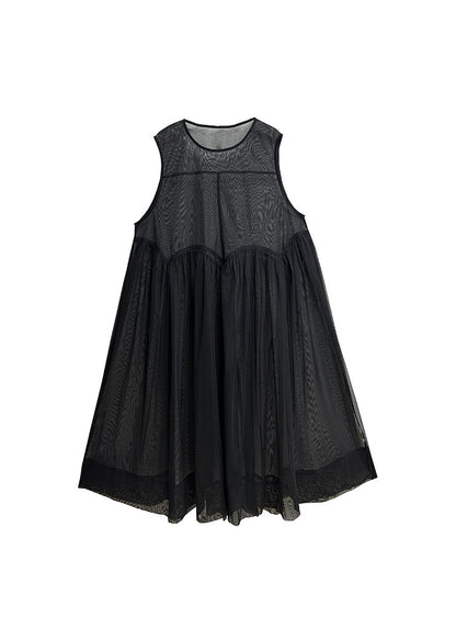 Unique Black O Neck Wrinkled Patchwork Cotton Dress Sleeveless