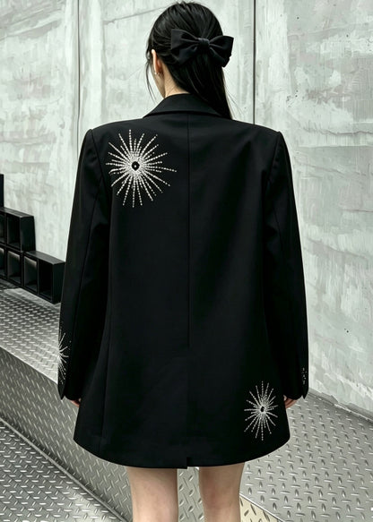 Unique Black Oversized Fireworks Zircon Cotton Coats Fall