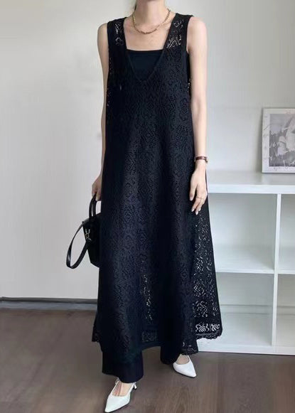 Unique Black Oversized Hollow Out Lace Dress Sleeveless