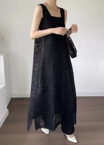 Unique Black Oversized Hollow Out Lace Dress Sleeveless