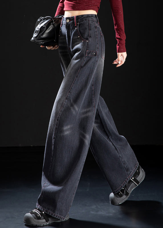 Unique Black Oversized Rivet Denim Pants Spring