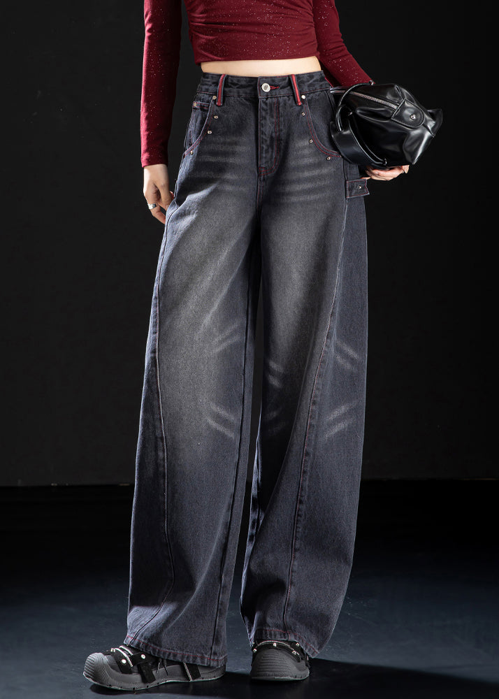 Unique Black Oversized Rivet Denim Pants Spring
