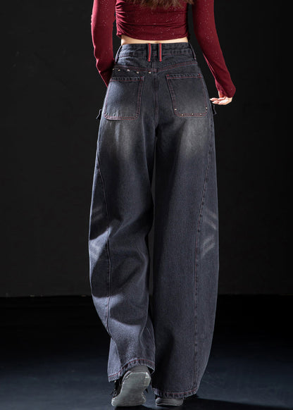 Unique Black Oversized Rivet Denim Pants Spring