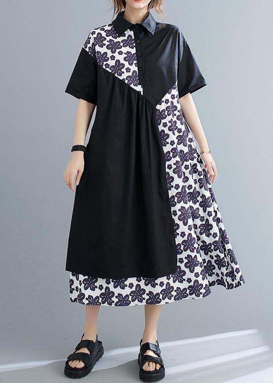 Unique Black Patchwork Print Peter Pan Collar Summer Chiffon Dress - SooLinen