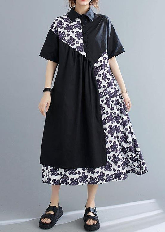 Unique Black Patchwork Print Peter Pan Collar Summer Chiffon Dress - SooLinen