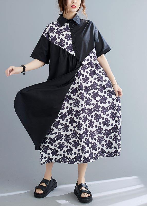 Unique Black Patchwork Print Peter Pan Collar Summer Chiffon Dress - SooLinen