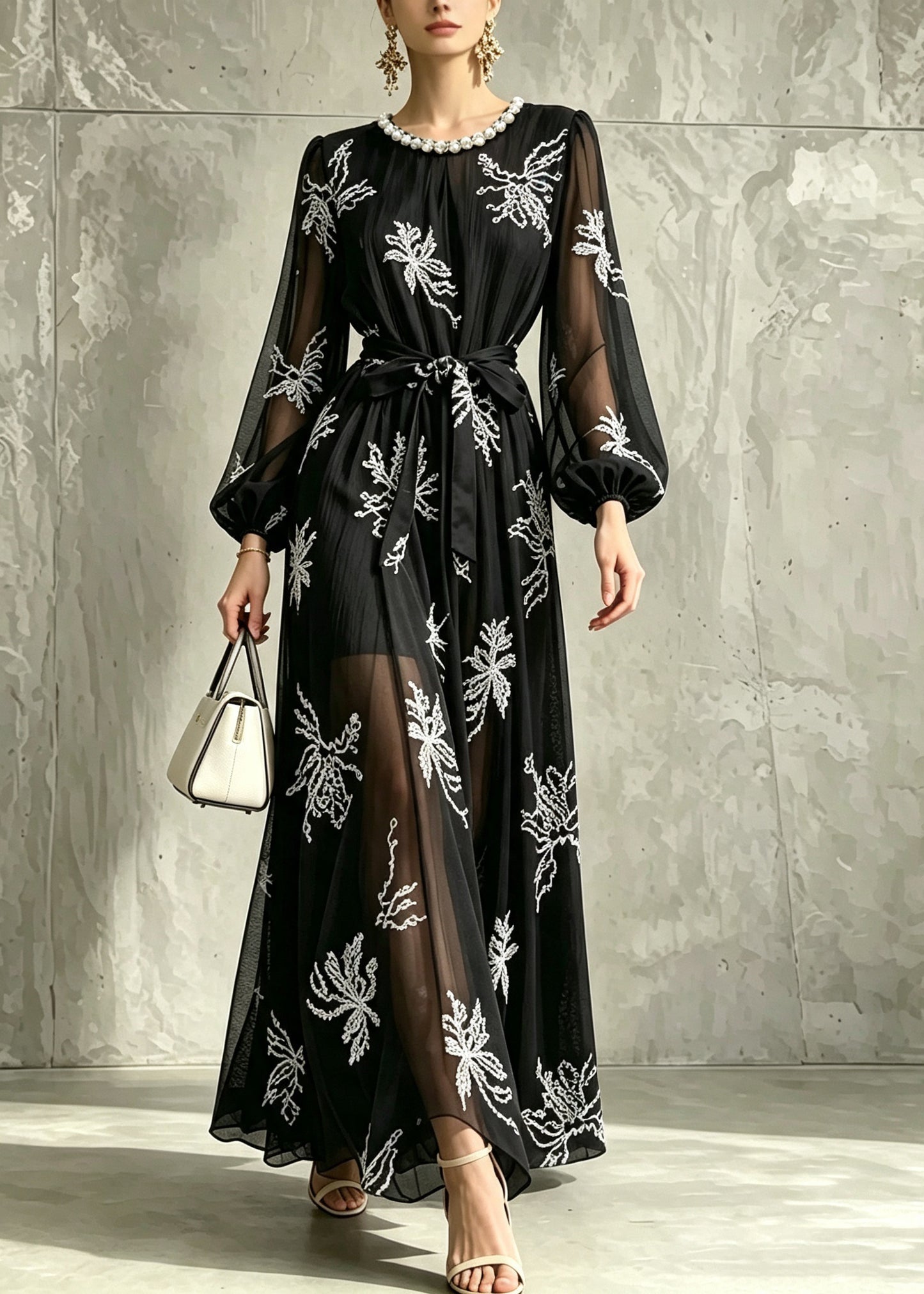 Unique Black Pearl O-Neck Embroidered Chiffon Dress Long Sleeve