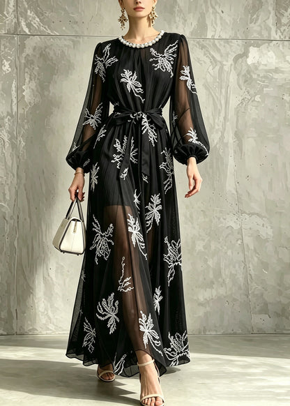Unique Black Pearl O-Neck Embroidered Chiffon Dress Long Sleeve